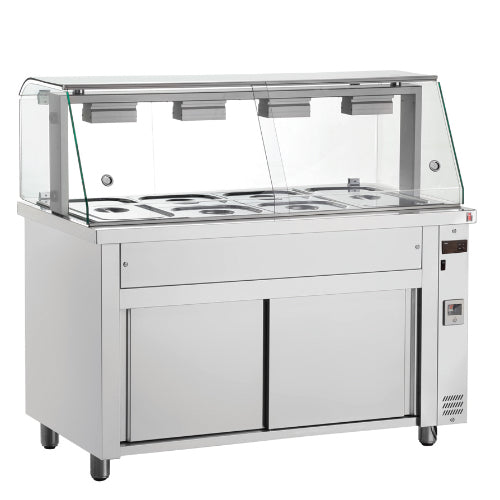 Bain-Marie Profesional pe Dulap cu Vitrină – 3 până la 5 Tăvi GN, Inox, Termostat Reglabil