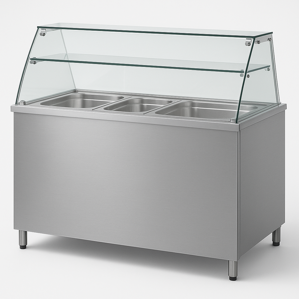 Masă Caldă cu Vitrină și Sistem Bain Marie – 4 GN 1/1, Inox AISI 304